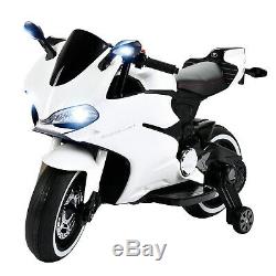 12V Kids Motorcycle Powered Electric Ride On Toy Car with 2 Training Wheels White
