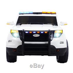 12V Kids Police Ride on SUV Cars Electric with 2 Speeds Light Sirens USB AUX White