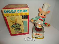 1950's BATTERY OPERATED PIGGY COOK TIN LITHO TOY JAPAN MIB TWO EGGS