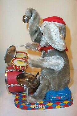 1950's MAMBO THE DRUMMING ELEPHANT BATTERY OPERATED TIN TOY MIB MINT JAPAN ALPS
