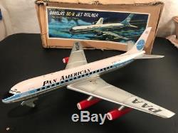 1950's Yonezawa Japan Tin Battery Op Toy Pan Am Douglas DC-8 Jet Airplane & Box