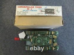 1950s MODERN TOYS CATERPILLAR TANK M-1 TIN LITHO BATTERY POWERED TOY WithBOX WORKS