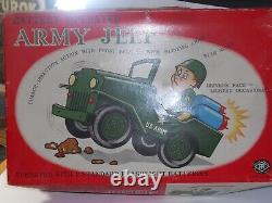 1950s MODERN TOYS JAPAN TIN BATTERY OPERATED ARMY JEEP WORKS IN BOX