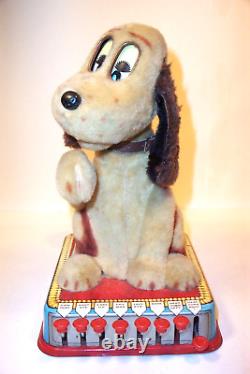 1960's BATTERY OPERATED BUTTONS THE PUPPY WITH A BRAIN MARX TIN PLUSH TOY DOG