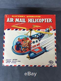 1960's Battery Operated AIR MAIL HELICOPTER Tin Toy Yoshiya KO Japan Box WORKS