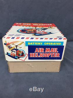 1960's Battery Operated AIR MAIL HELICOPTER Tin Toy Yoshiya KO Japan Box WORKS