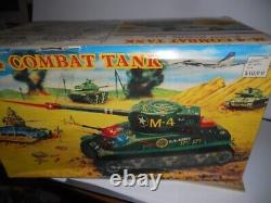1960s LARGE 11 TIN BATTERY LIGHT/SOUND/MOTION M-4 COMBAT TANK & BOX & WORKS