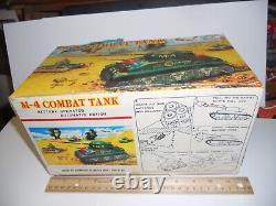 1960s LARGE 11 TIN BATTERY LIGHT/SOUND/MOTION M-4 COMBAT TANK & BOX & WORKS