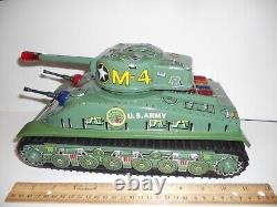 1960s LARGE 11 TIN BATTERY LIGHT/SOUND/MOTION M-4 COMBAT TANK & BOX & WORKS