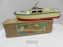 Battery Op All Wood Cabin Cruiser Toy Pond Boat 12 In Box 1950's Japan Working