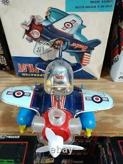 Battery Operated Bomber Pilot Plane 1950s Tin Litho Toy Airplane Japan