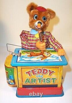 COMPLETE 1950's BATTERY OPERATED TEDDY THE ARTIST BEAR TIN TOY JAPAN MINT MIB