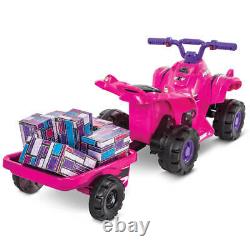 Huffy 6V Quad Ride on Toy for Kids Pink Trailer & Toy Blocks Included