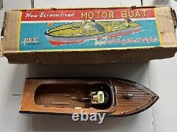 Japan NBK Vintage 1950s Wood Boat Batt Operated New Stream Line inboard Motor