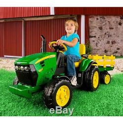 Kids 12V John Deere Ground Force Tractor Ride-On Toy Trailer FM Radio PEREGO