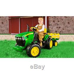 Kids 12V John Deere Ground Force Tractor Ride-On Toy Trailer FM Radio PEREGO