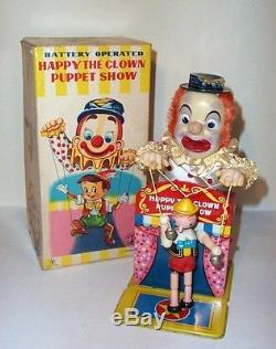 MIB 1960s HAPPY THE CLOWN PUPPET SHOW BATTERY OPERATED TIN LITHO CIRCUS TOY MINT