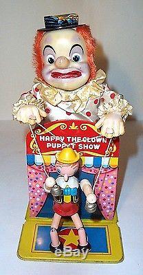 MIB 1960s HAPPY THE CLOWN PUPPET SHOW BATTERY OPERATED TIN LITHO CIRCUS TOY MINT