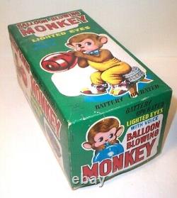 MINT 1950's BATTERY OPERATED BALLOON BLOWING MONKEY TIN TOY CHIMP ALPS JAPAN MIB