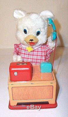 MINT 1950's BATTERY OPERATED BEAR THE CASHIER TIN LITHO ACCOUNTANT TOY JAPAN MIB