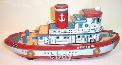 MINT 1950's BATTERY OPERATED NEPTUNE TUG BOAT M-T Co JAPAN MIB TIN LITHO TOY