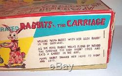 MINT 1950's BATTERY OPERATED RABBITS CARRAIGE TIN LITHO TOY BABY BUNNY MIB