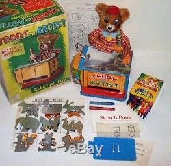 MINT 1950's BATTERY OPERATED TEDDY THE ARTIST BEAR TIN LITHO TOY JAPAN working