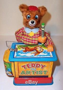 MINT 1950's BATTERY OPERATED TEDDY THE ARTIST BEAR TIN LITHO TOY JAPAN working