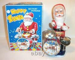 MINT 1950's HAPPY SANTA DRUMMING BATTERY OPERATED TIN CHRISTMAS TOY MIB ALPS