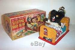 MINT 1950's LINEMAR BATTERY OPERATED SLEEPING BABY BEAR TIN LITHO TOY JAPAN MIB