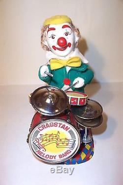 MINT 1960s BATTERY OPERATED CHARLIE THE DRUMMING CLOWN TIN LITHO MUSICAL TOY MIB