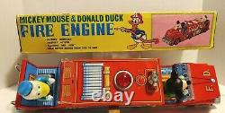 MT Battery Operated Tin Lithographed Mickey Mouse & Donald Duck Fire Engine in O