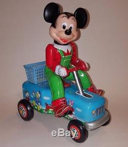 Mint 1960's Mickey Mouse on Hand Car w Box Masudaya Japan Battery Operated Toy