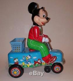 Mint 1960's Mickey Mouse on Hand Car w Box Masudaya Japan Battery Operated Toy