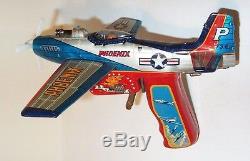 NICE 1950's BATTERY OPERATED SHOOTING FIGHTER MIB TIN LITHO AIRPLANE TOY JAPAN