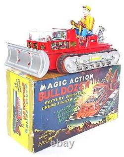 Nomura T. N. Japan MAGIC ACTION BULLDOZER Battery Operated Tin Toy Car NMIB`60