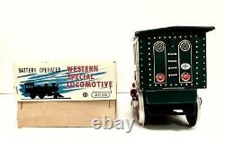 Nos Vintage Battery Operated Mystery Action Western Special Locomotive Tin Train