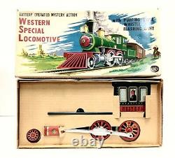 Nos Vintage Battery Operated Mystery Action Western Special Locomotive Tin Train