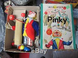 PINKY THE JUGGLING CLOWN BATTERY OPERATED TIN LITHO TOY 50s IN BOX NM JAPAN NOS