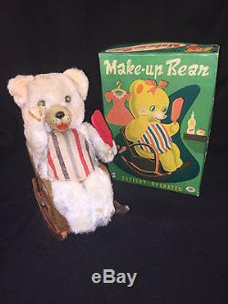 RARE! 1960s MODERN TOYS BATTERY OPERATED TIN MAKE UP BEAR TOY JAPAN