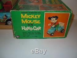 Rare Battery Operated Masudaya Disney Mickey Mouse On Hand Car (1960's, Mint)