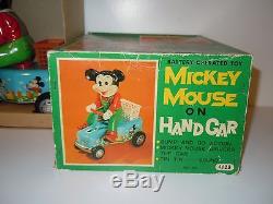 Rare Battery Operated Masudaya Mickey Mouse On Hand Car (1960's, Mint)