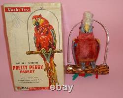 ROSKO TESTED 055 PRETTY PEGGY PARROT TIN BATTERY PLUSH TOY in BOX JAPAN 1960's