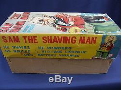 SAM THE SHAVING MAN VINTAGE 1960's BATTERY OPERATED WORKING TIN TOY ORIGINAL BOX