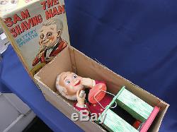 SAM THE SHAVING MAN VINTAGE 1960's BATTERY OPERATED WORKING TIN TOY ORIGINAL BOX