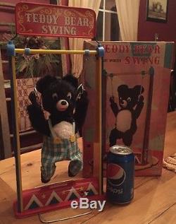 Teddy Bear Swing Vintage toy tin litho Yonezawa Japan battery operated Near Mint