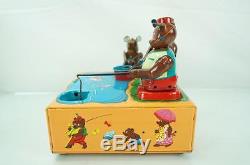 Vintage 1950s Fishing Bear Bank Battery Operated Tin Toy & Original Box Rosco