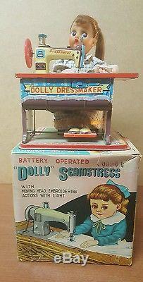 Vintage Battery Op Dolly Seamstress / Dressmaker Tin Works Made In Japan Mib
