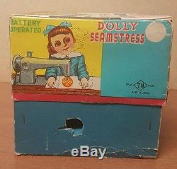 Vintage Battery Op Dolly Seamstress / Dressmaker Tin Works Made In Japan Mib