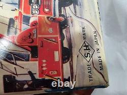 VINTAGE JAPANESE S. H. TIN LITHO BATTERY OP FIRE ENGINE WithMYSTERY ACTION & BOX